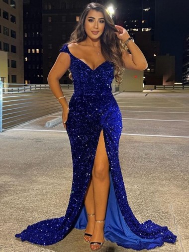 V-Neck Sleeveless Long Sweep Train Velvet Sequin Prom Dress with Slit Brisbane