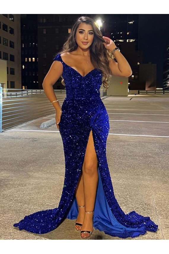 V-Neck Sleeveless Long Sweep Train Velvet Sequin Prom Dress with Slit Brisbane