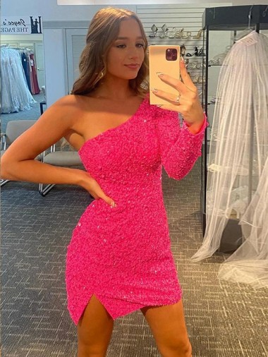 Short Velvet Sequin One Shoulder Long Sleeves Homecoming Dress / Prom Dress Brisbane