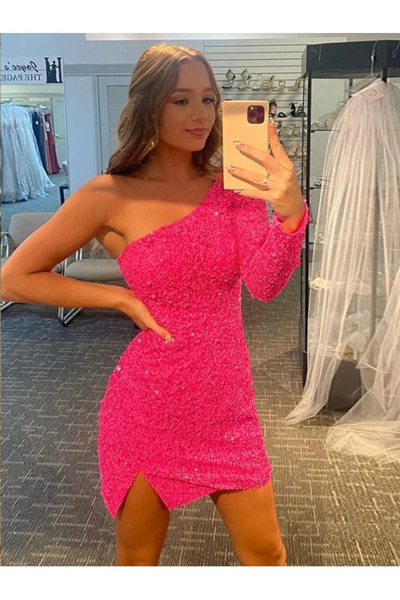 Short Velvet Sequin One Shoulder Long Sleeves Homecoming Dress / Prom Dress Brisbane