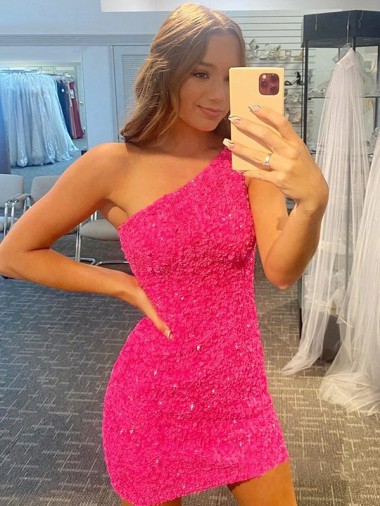 Short One Shoulder Sleeveless Velvet Sequin Homecoming Dress / Prom Dress Brisbane