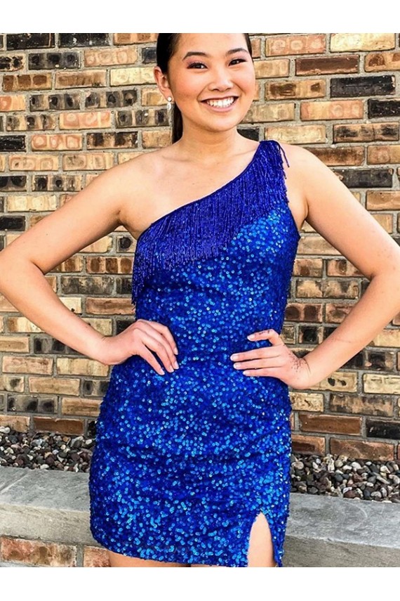One Shoulder Sleeveless Short Velvet Sequin Royal Blue Homecoming Dress / Prom Dress Brisbane