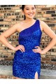 One Shoulder Sleeveless Short Velvet Sequin Royal Blue Homecoming Dress / Prom Dress Brisbane