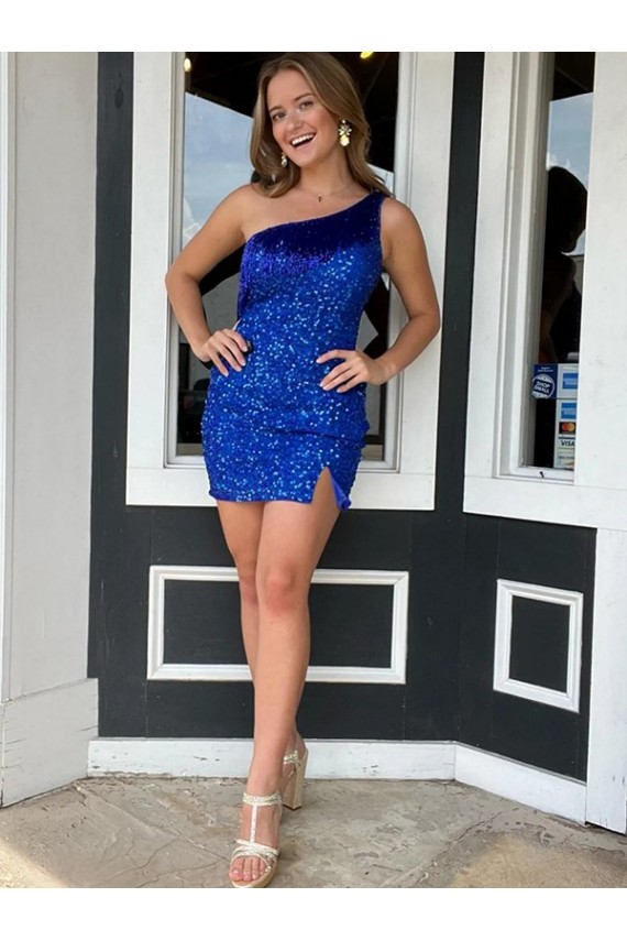 One Shoulder Sleeveless Short Velvet Sequin Royal Blue Homecoming Dress / Prom Dress Brisbane