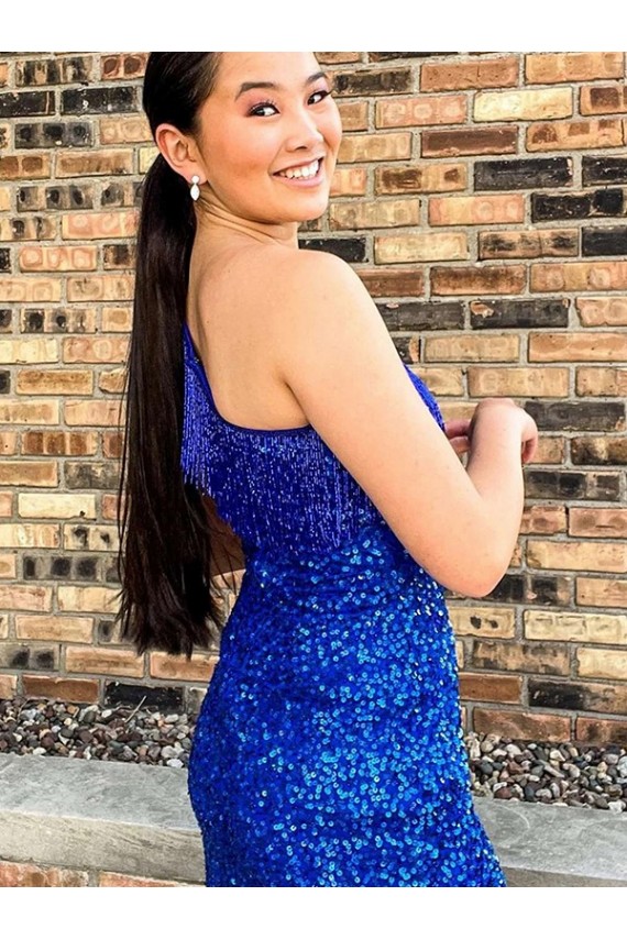 One Shoulder Sleeveless Short Velvet Sequin Royal Blue Homecoming Dress / Prom Dress Brisbane