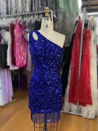 One Shoulder Keyhole Sleeveless Short Velvet Sequin Homecoming Dress / Prom Dress Brisbane