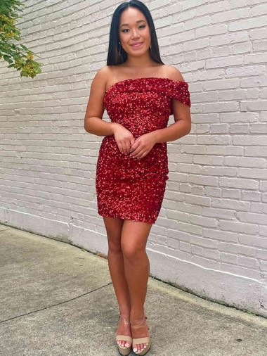 Short One Shoulder Sleeveless Velvet Sequin Cocktail Homecoming Dress / Prom Dress Brisbane