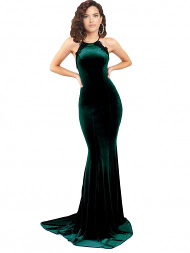 High Neck Formal Stretch Velvet Bridesmaid Dress / Prom Dress with Black Lace Embroidery Brisbane