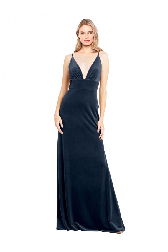 V-Back Long Velvet Bridesmaid Dress / Prom Dress with Notched V-Neck and Spaghetti Straps Brisbane