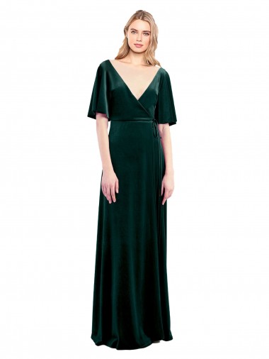 Deep V-Neck Flutter Sleeves Long Velvet Wrap Bridesmaid Dress / Prom Dress Brisbane