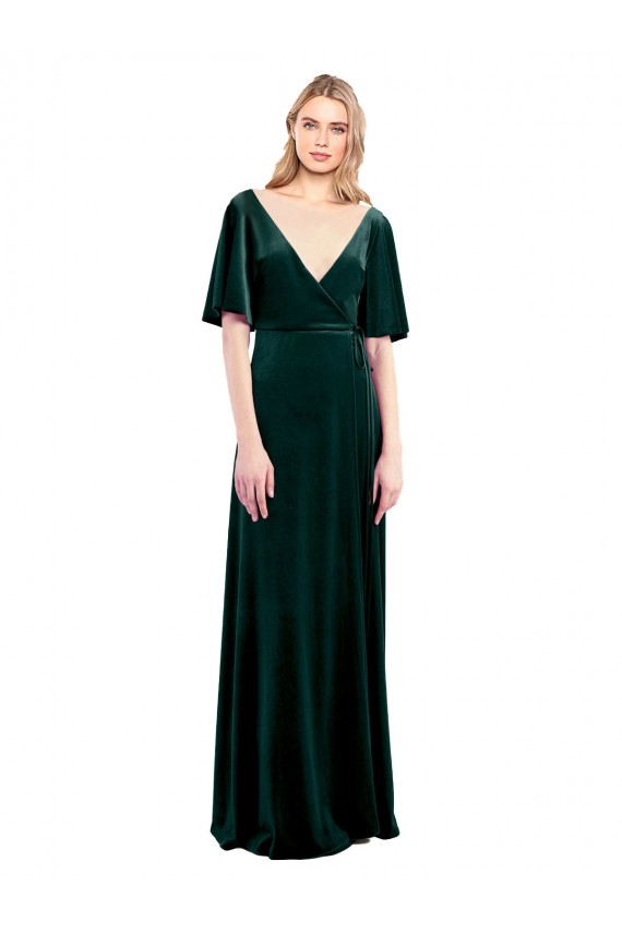 Deep V-Neck Flutter Sleeves Long Velvet Wrap Bridesmaid Dress / Prom Dress Brisbane