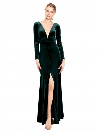 Plunging V-Neckline Long Sleeves Open Back Velvet Bridesmaid Dress / Prom Dress Brisbane