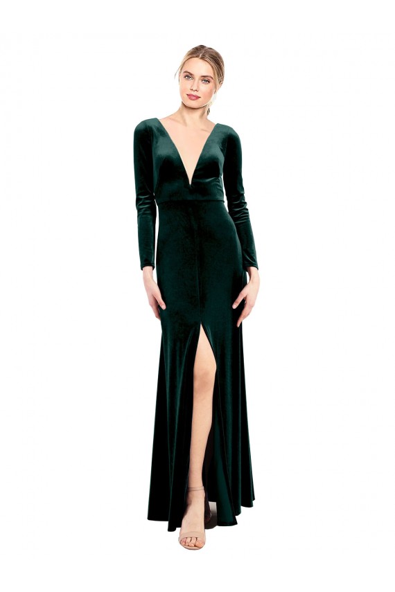 Plunging V-Neckline Long Sleeves Open Back Velvet Bridesmaid Dress / Prom Dress Brisbane