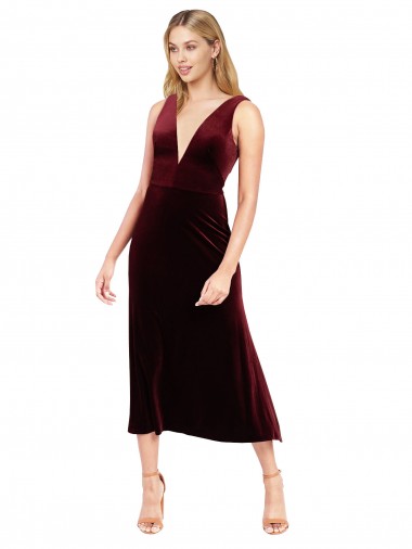 Daring Plunging V-Neckline Short Midi Cocktail Length Velvet Bridesmaid Dress / Prom Dress Brisbane