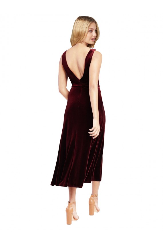 Daring Plunging V-Neckline Short Midi Cocktail Length Velvet Bridesmaid Dress / Prom Dress Brisbane