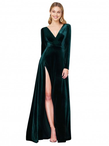 Deep V-Neck Long Sleeves Formal Velvet Bridesmaid Dress / Prom Dress with High Side Split Brisbane