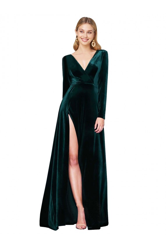 Deep V-Neck Long Sleeves Formal Velvet Bridesmaid Dress / Prom Dress with High Side Split Brisbane