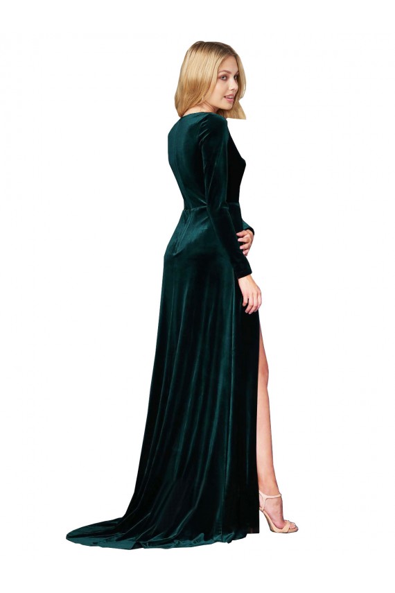 Deep V-Neck Long Sleeves Formal Velvet Bridesmaid Dress / Prom Dress with High Side Split Brisbane