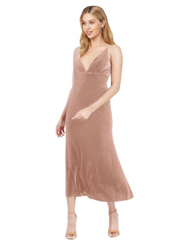 Midi Cocktail Length Short V-Neck Velvet Bridesmaid Dress / Prom Dress with Notched Neckline Brisbane