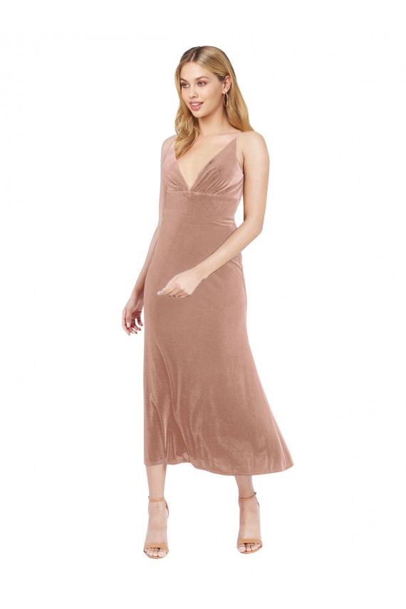 Midi Cocktail Length Short V-Neck Velvet Bridesmaid Dress / Prom Dress with Notched Neckline Brisbane