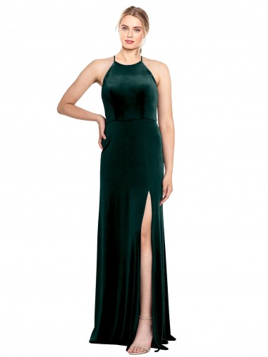Long Jewel Neck Full Length Velvet Bridesmaid Dress / Prom Dress with Side Slit Brisbane