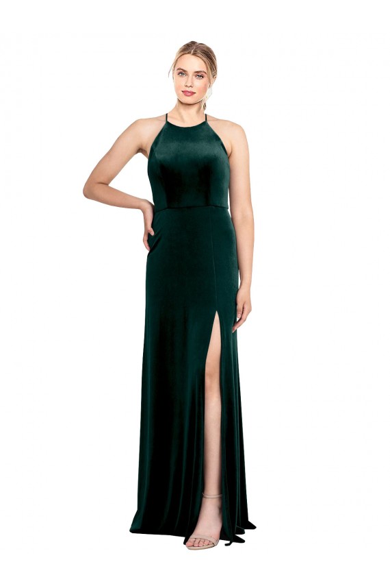 Long Jewel Neck Full Length Velvet Bridesmaid Dress / Prom Dress with Side Slit Brisbane