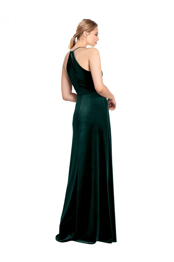 Long Jewel Neck Full Length Velvet Bridesmaid Dress / Prom Dress with Side Slit Brisbane