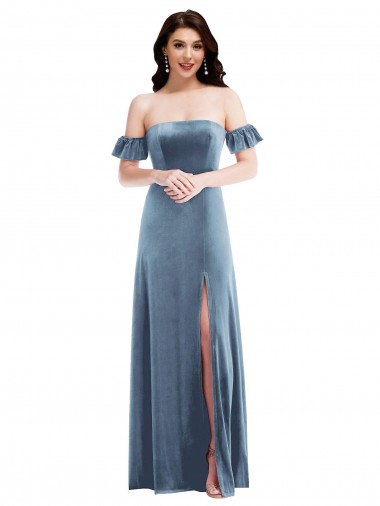 Ruffle Sleeve Off the Shoulder Velvet Maxi Bridesmaid Dress / Prom Dress Brisbane
