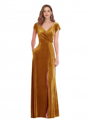 Cap Sleeve Faux Wrap Formal Velvet Maxi Bridesmaid Dress / Prom Dress with Pockets Brisbane