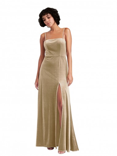 Square Neck Formal Velvet Maxi Bridesmaid Dress / Prom Dress with Front Slit Brisbane