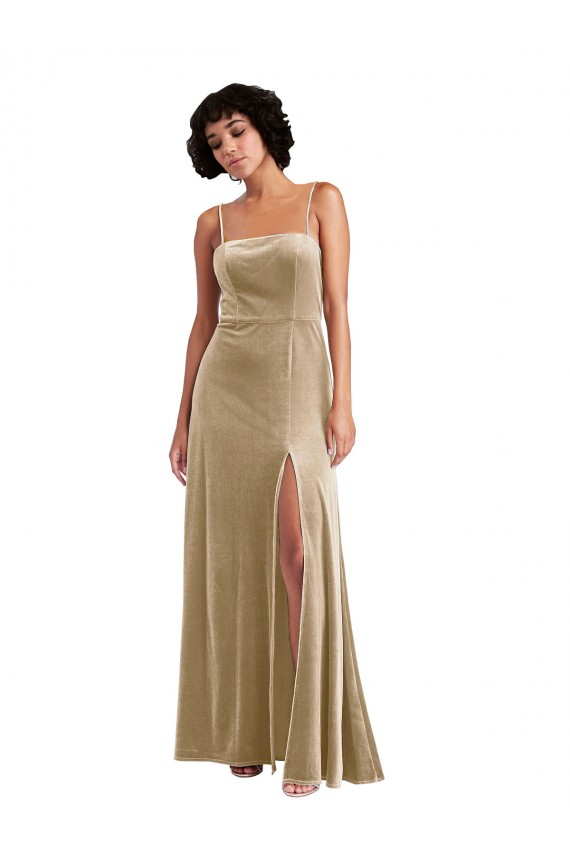 Square Neck Formal Velvet Maxi Bridesmaid Dress / Prom Dress with Front Slit Brisbane