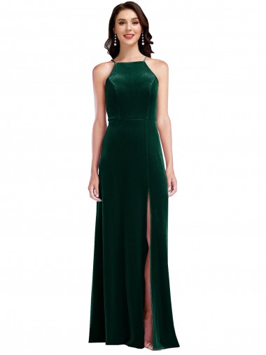 Velvet Halter Maxi Bridesmaid Dress / Prom Dress with Front Slit Brisbane