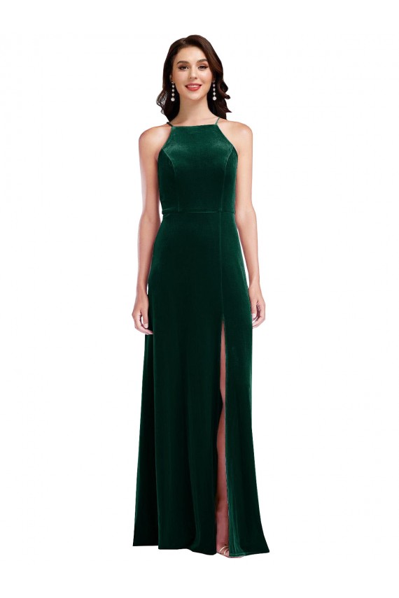 Velvet Halter Maxi Bridesmaid Dress / Prom Dress with Front Slit Brisbane