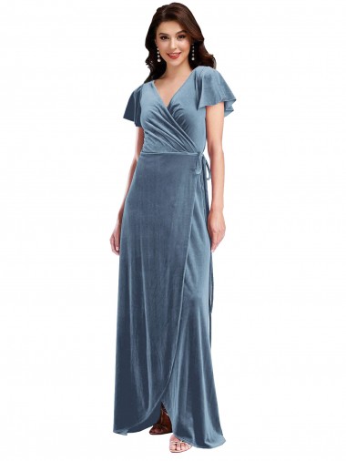 Flutter Sleeve Velvet Wrap Maxi Bridesmaid Dress / Prom Dress with Pockets Brisbane