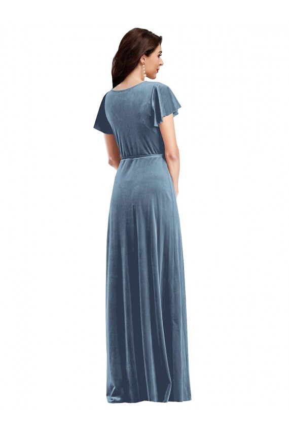 Flutter Sleeve Velvet Wrap Maxi Bridesmaid Dress / Prom Dress with Pockets Brisbane