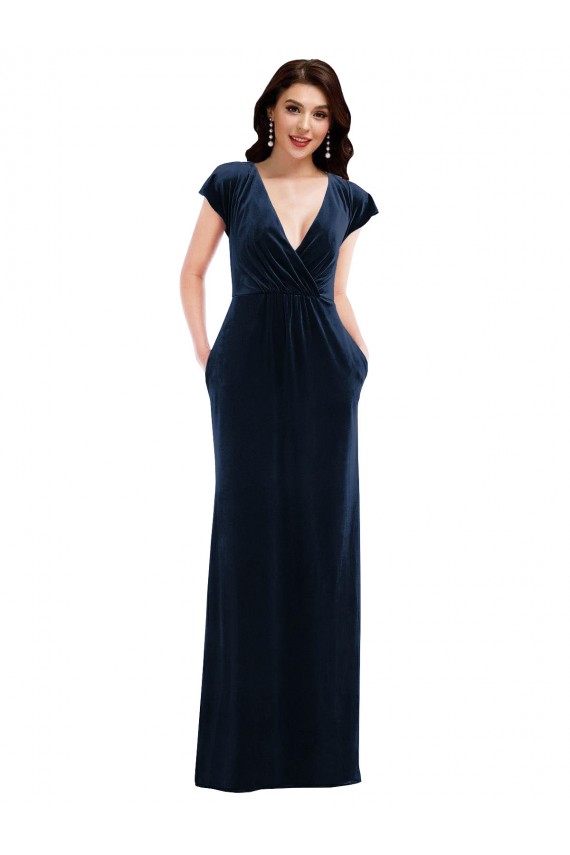 Flutter Sleeve Wrap Bodice Formal Velvet Maxi Bridesmaid Dress / Prom Dress with Pockets Brisbane