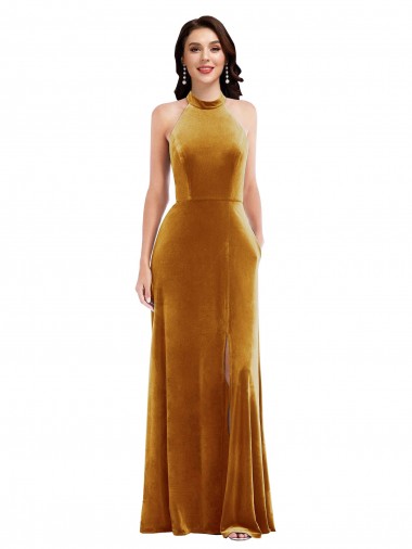High-Neck Halter Velvet Maxi Bridesmaid Dress / Prom Dress with Front Slit Brisbane