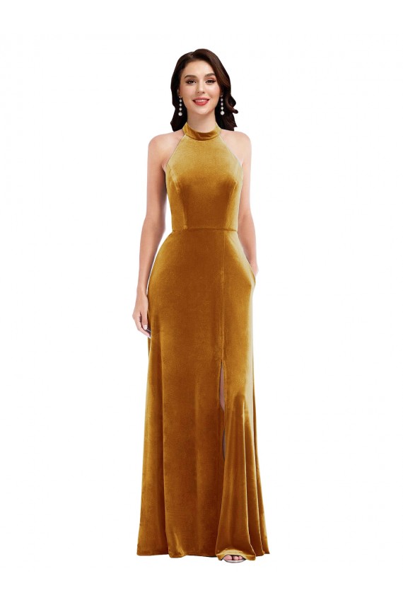 High-Neck Halter Velvet Maxi Bridesmaid Dress / Prom Dress with Front Slit Brisbane