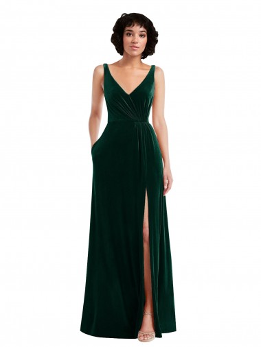 Floor Length Velvet Maxi Bridesmaid Dress / Prom Dress with Shirred Bodice and Front Slit Brisbane
