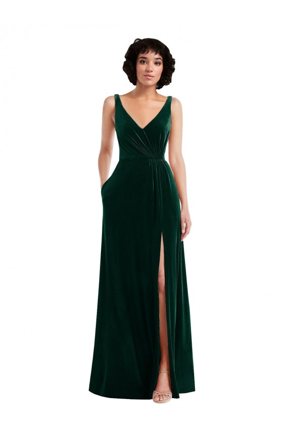 Floor Length Velvet Maxi Bridesmaid Dress / Prom Dress with Shirred Bodice and Front Slit Brisbane