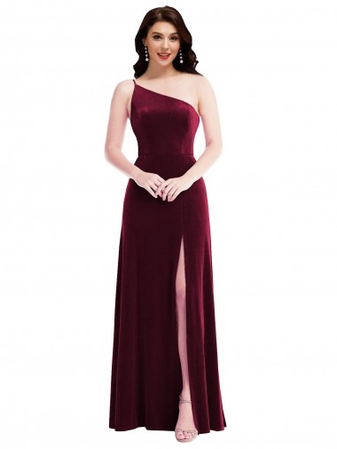 One Shoulder Spaghetti Strap Velvet Maxi Bridesmaid Dress / Prom Dress with Pockets Brisbane