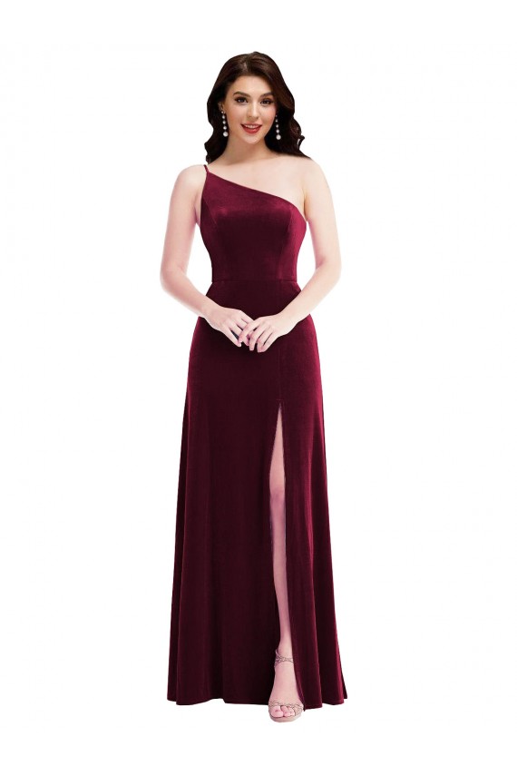 One Shoulder Spaghetti Strap Velvet Maxi Bridesmaid Dress / Prom Dress with Pockets Brisbane