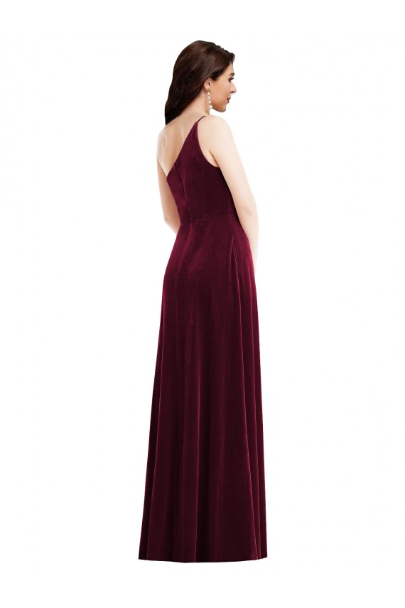 One Shoulder Spaghetti Strap Velvet Maxi Bridesmaid Dress / Prom Dress with Pockets Brisbane
