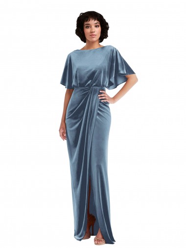 Flutter Sleeve Open Back Velvet Maxi Bridesmaid Dress / Prom Dress with Draped Wrap Skirt Brisbane