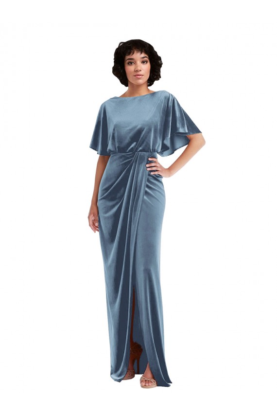Flutter Sleeve Open Back Velvet Maxi Bridesmaid Dress / Prom Dress with Draped Wrap Skirt Brisbane