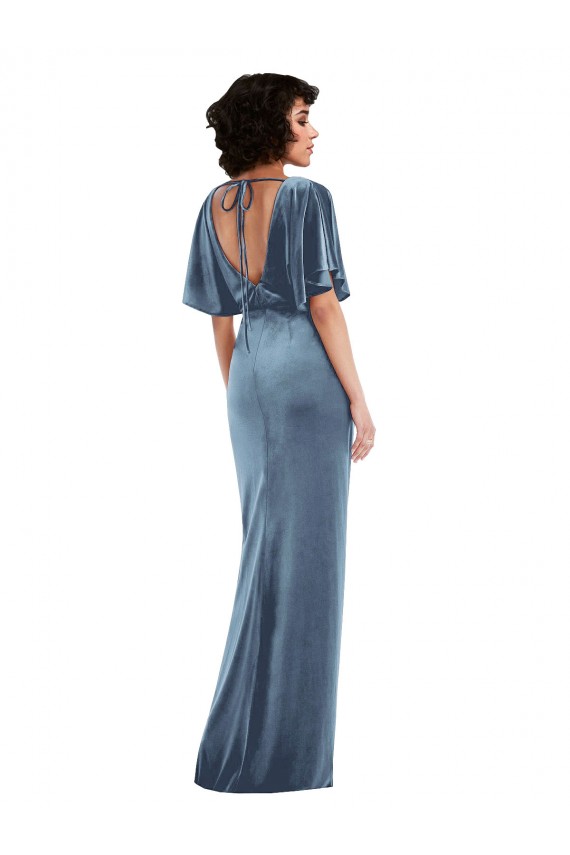 Flutter Sleeve Open Back Velvet Maxi Bridesmaid Dress / Prom Dress with Draped Wrap Skirt Brisbane