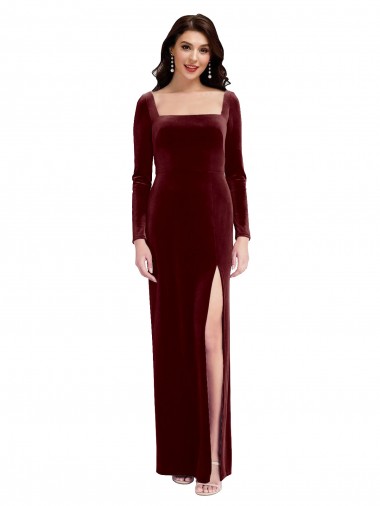 Sleek Square Neck Spaghetti Straps Velvet Bridesmaid Dress / Prom Dress with Side Slit Brisbane
