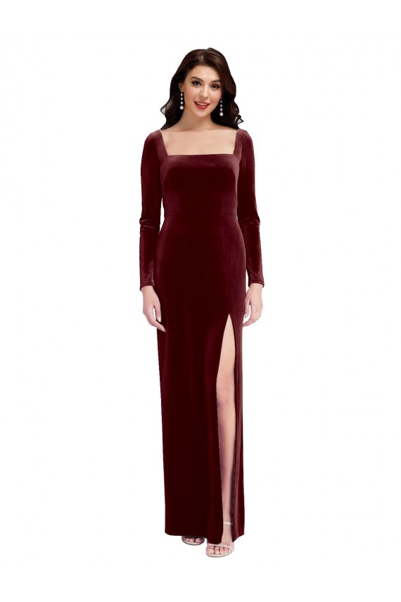 Sleek Square Neck Spaghetti Straps Velvet Bridesmaid Dress / Prom Dress with Side Slit Brisbane
