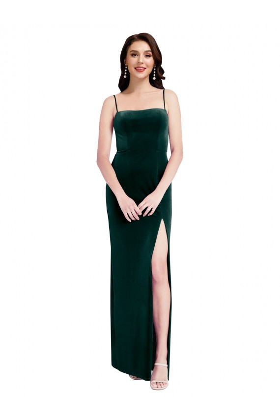 Straight Neckline Spaghetti Straps Long Velvet Bridesmaid Dress / Prom Dress with High Side Slit Brisbane