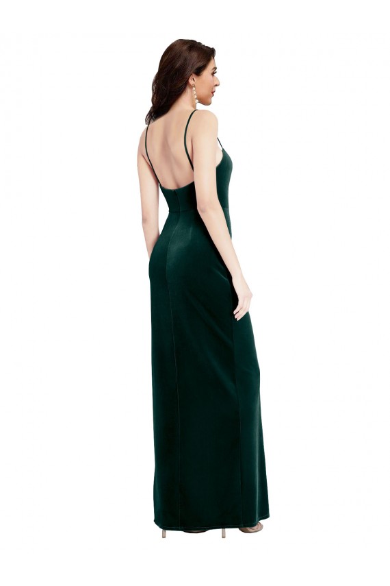 Straight Neckline Spaghetti Straps Long Velvet Bridesmaid Dress / Prom Dress with High Side Slit Brisbane